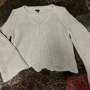 Aerie Grey Sweater w Flare Sleeves & Scalloped Hem
